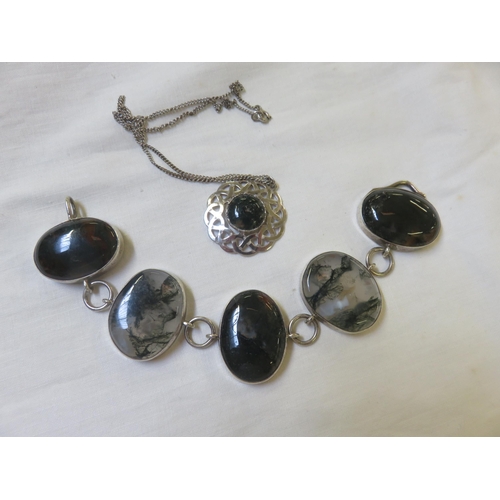 66 - Silver Moss Agate Bracelet and Celtic Set Moss Agate Pendant