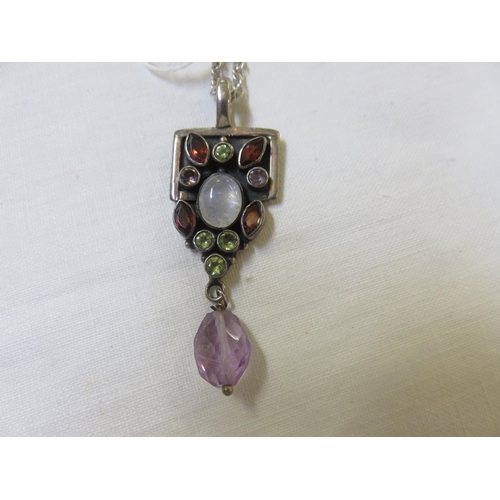 73 - Gem Set Silver Pendant and Chain with amethyst droplet