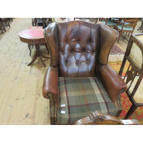 419 - Brown Leather Button Back Wing Armchair