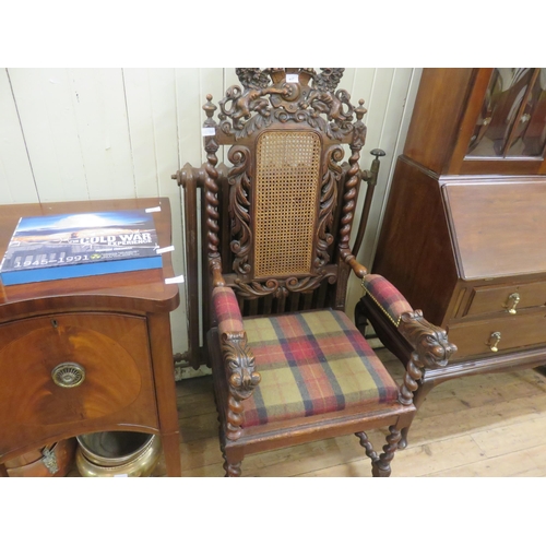 447 - Heavily Carved Oak and Upholstered Hall Chair