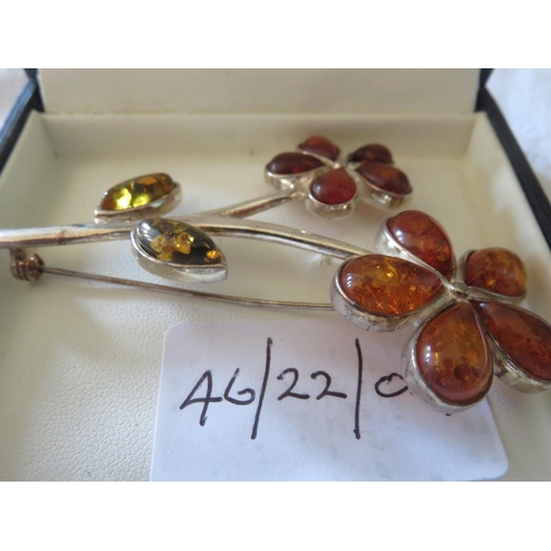 102 - Silver and Amber Type Flower Brooch