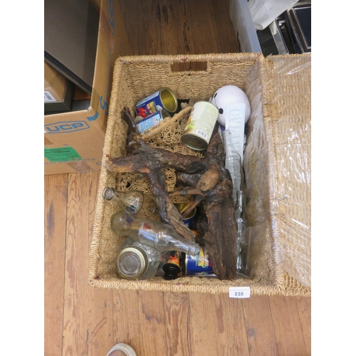 238 - Wicker Basket with Driftwood, Old Bottles, Tins etc.