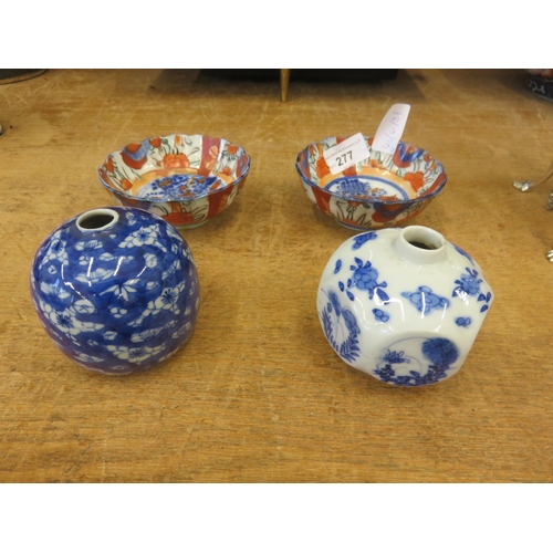 277 - Two Oriental Blue and white Bud Vases and Two Imari Pattern Oriental Bowls