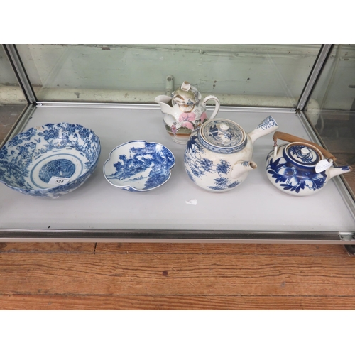 324 - Three Oriental Tea Pots, Two Blue and White Oriental Bowls