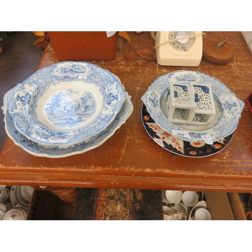 365 - Three Blue and White Plates, One Imari Pattern Plate and Pair of Oriental Candle Holders