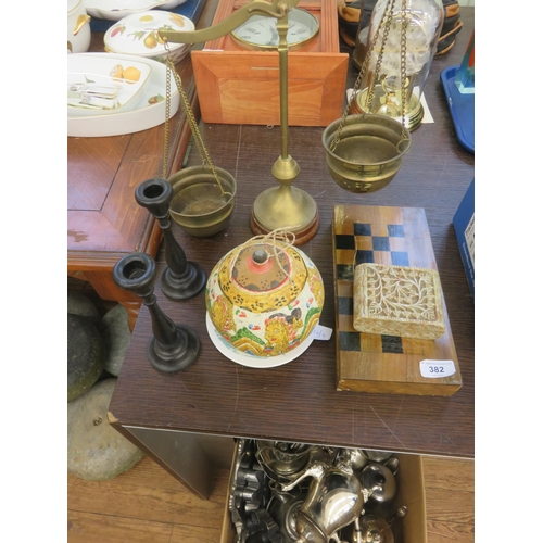 382 - Lot of Spice Scales, Wooden Candle Sticks, chess-set etc