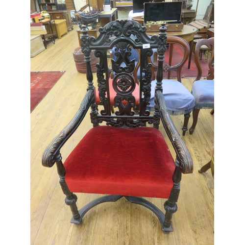 406 - Heavily Carved Red Upholstered Armchair