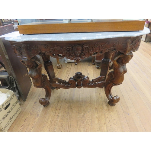 436 - Carved Hardwood Marble Topped Table with mermaid cabriole legs