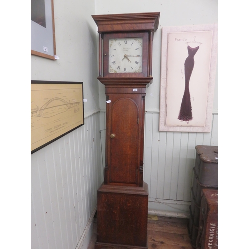 442 - Oak Longcased Clock, square hood, 24 hour dial, by Martin Roper of Penrith with weights and pendulum