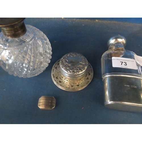 73 - Silver and Glass Hip Flask, Silver Vinaigerette, Silver topped Scent Bottle, Silver Coaster and a Si... 