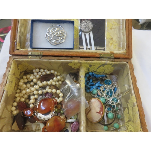 105 - Carved Wooden Jewellery Box and Contents