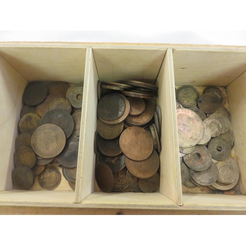 129 - Wooden Box with various coins, some silver