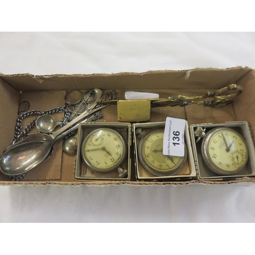 136 - Three Pocket Watches, Candle Sniffer, Silver Plate Spoons, 3d Coin Brooch