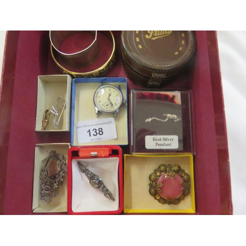 138 - Lot of Jewellery including Damascene Bangle, Silver Etryscan Style Brooch and Roman Wristwatch