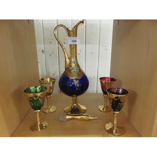 180 - Four coloured Glasses with matching Decanter