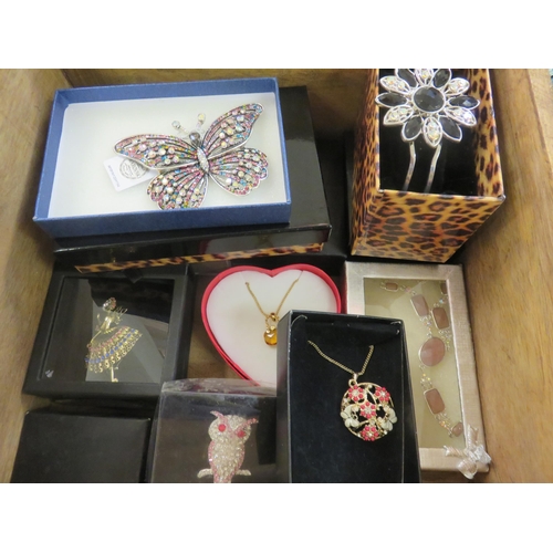 186 - One Wooden Box of Cased Necklaces, Brooches and Other Costume Jewellery