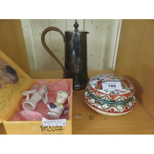 188 - Silver Plate Milk Jug, Lidded Eastern Style Trinket Box and Two Small Ceramic Figures