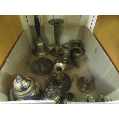 194 - Assortment of Brass Candlesticks, Pots, Bell etc and Chinese Style Vase