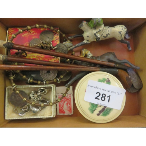 281 - Lot of Coins, Coin Bangles, Cuff Links, Curios, Miniature Golf Clubs Etc - All in Small Wooden Case