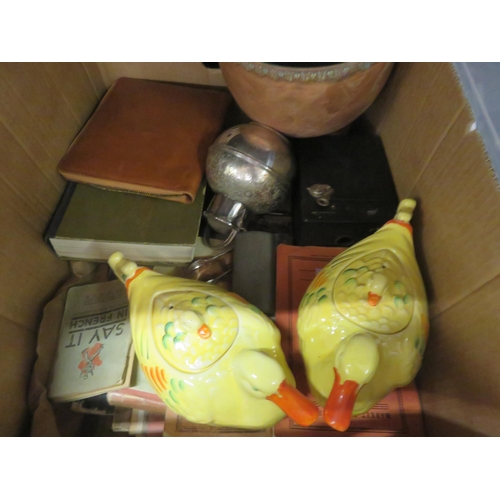 327 - Box with Duck Jugs, Copper Urn, Books etc.