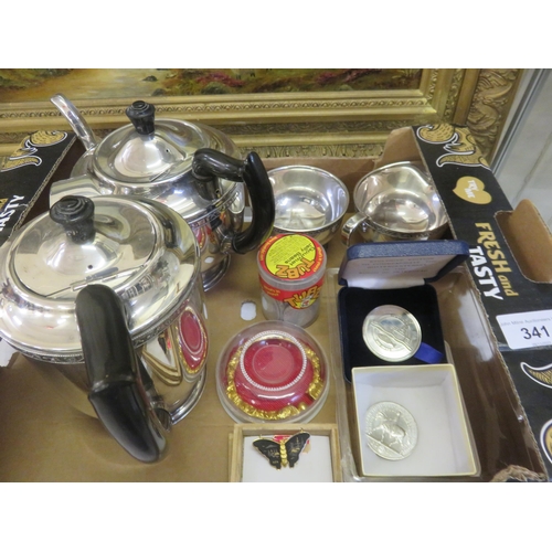 341 - Mixed Lot - Plated Tea Set, Tokens, Coins, etc