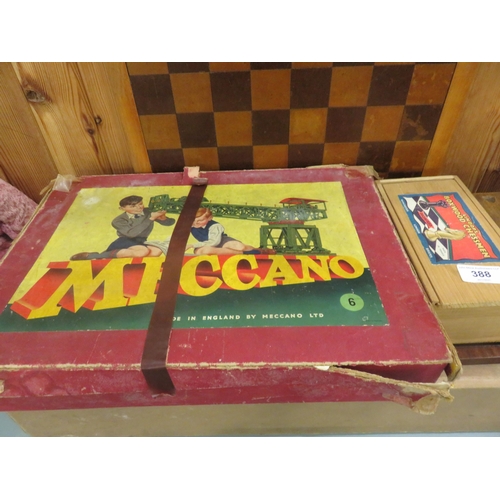 388 - Two boxes of Meccano, Chess Board, Chess pieces and Dominoes