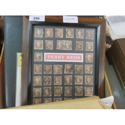 396 - Box with Stamp Albums, Stamped Envelopes and Frame With Penny Reds