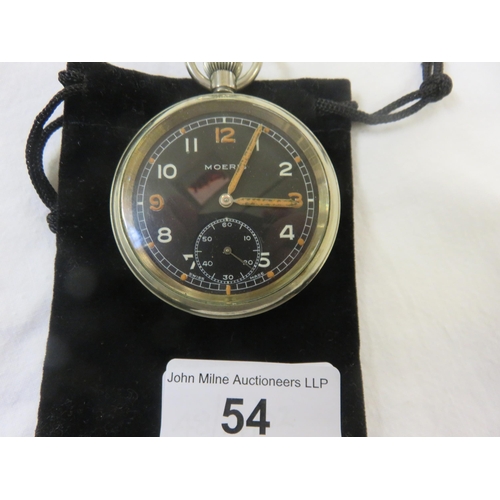 54 - WWII Moeris GSTP working Pocket Watch - Black Dial Military Issue with Broadarrow