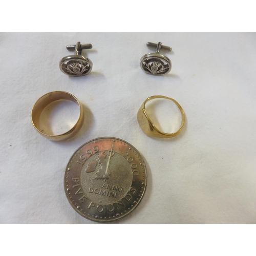 93 - 9ct. Gold Band and Yellow Metal Signet Ring, Pair of Silver Cufflinks and £5 Coin