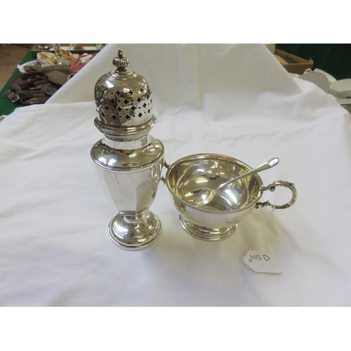 103D - Single Silver Sugar Bowl and Spoon, marks rubbed, Birmingham, and a Silver Sugar Caster 7.2 ozs.