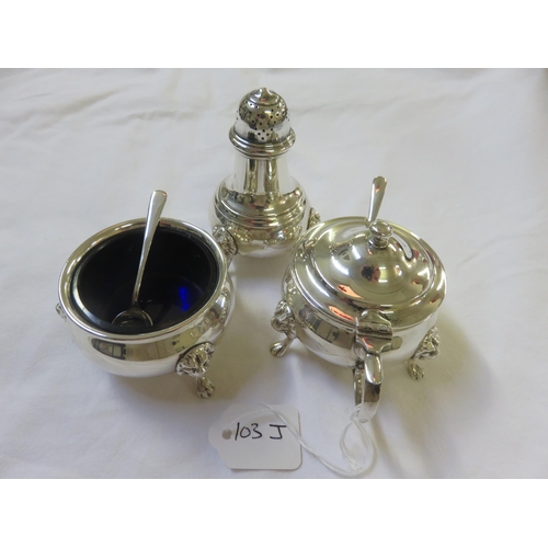 103J - Silver London Walker & Hall three piece Cruet Set and Spoons, 8ozs. (excluding liners)