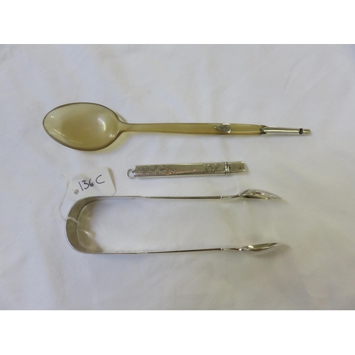 136C - Silver Sugar Tongs, Exeter 1835, Horn Porridge Spoon and Silver Cased Silver Fruit Knife