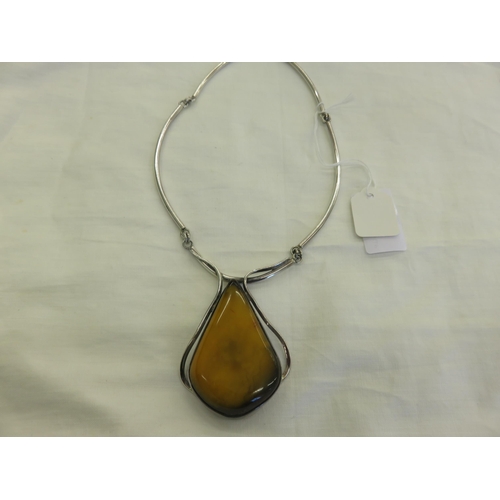 110 - Large Modern Silver and Amber type Necklace