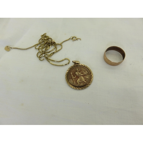 122 - 9ct. Gold Band, Chain, St. Christopher Pendant, 10 grams