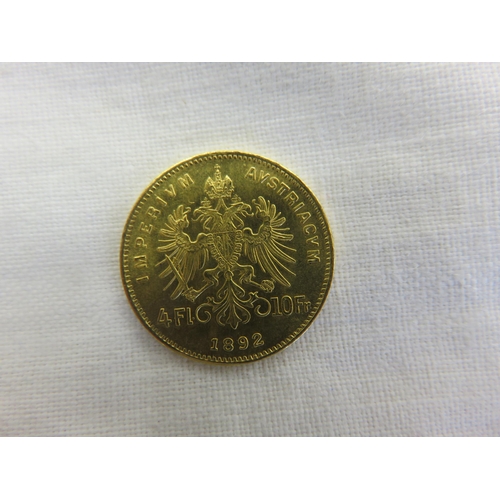 161 - 1892 Austrian 10 Frank Gold Coin