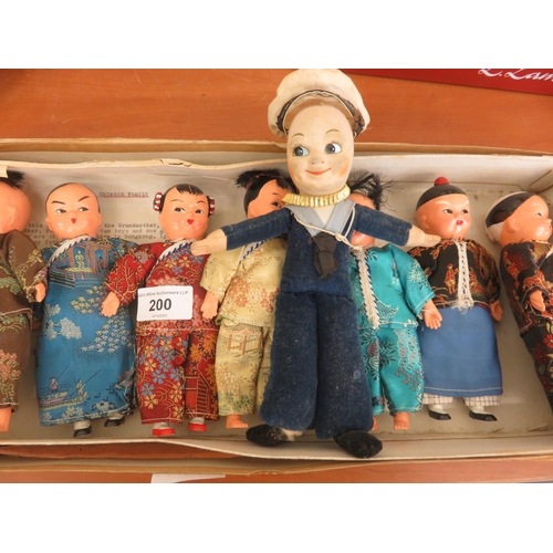 200 - Seven Small Chinese Figures-Vintage in Original Box and Vintage Small Sailor Doll