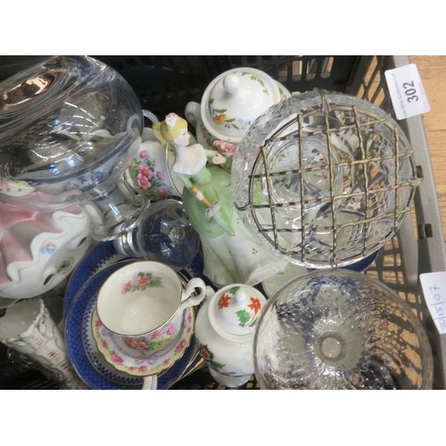 302 - Box of bric-a-brac, plates, tea sets, figures etc.