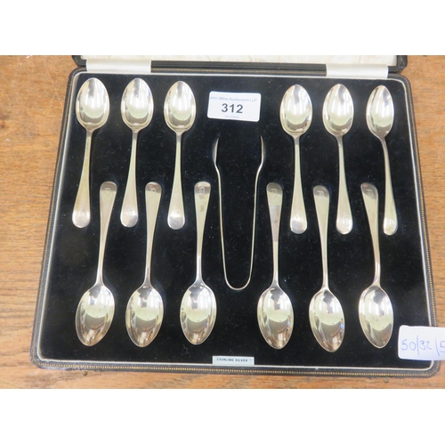 312 - Cased set of 12 Silver Teaspoons and Tongs