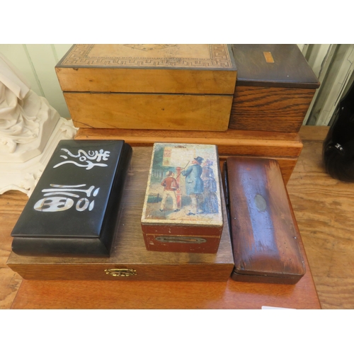 372 - Writing Desk, Folding Inlaid, some fading, Marquetry Pin Box with six buttons and six other boxes