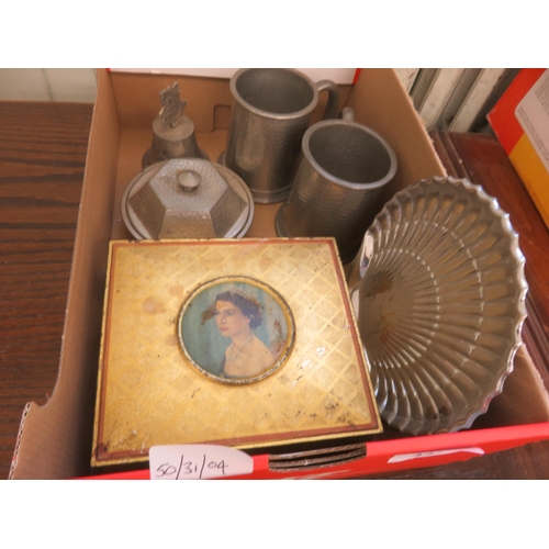 447 - Small Box of Pewter and Plate