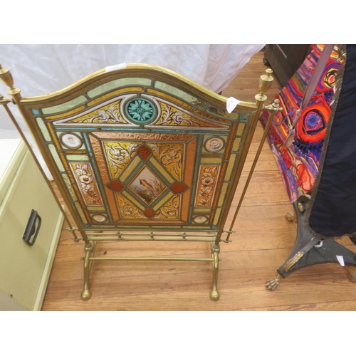 520 - Edwardian Brass and Stain Glass Fire Screen