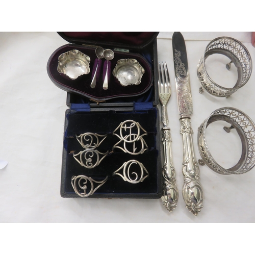 90 - Silver Napkin Rings, Serving Fork and Knife, Salts