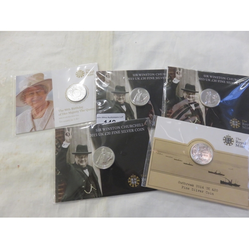 142 - Three Sir Winston Churchill 2015 UK £20 fine silver coins, and Outbreak 2014 £20 Fine Silver Coin an... 