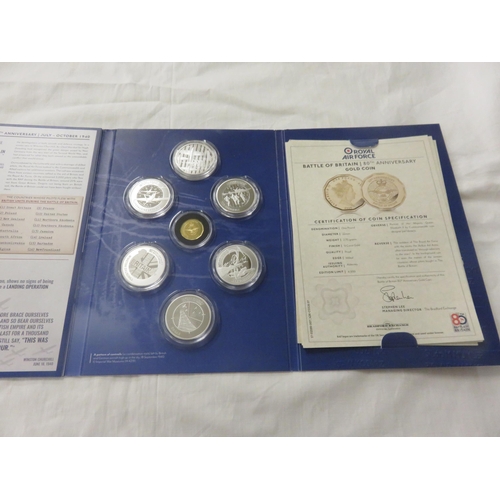 206 - Battle of Britain Coin set, including six silver 50p and one 9ct. Gold Pound weighing 2.75 grams