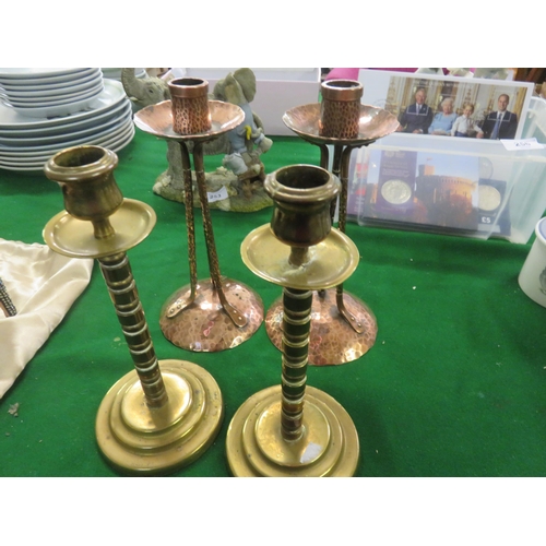 257 - Pair of Brass and Pair of Copper Candlesticks