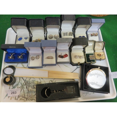 283 - Tray lot: Boxed Cufflinks, Tie Studs, Compact etc.