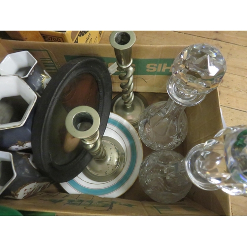 299 - Box of bric-a-brac, Decanters, Vases, Candlesticks