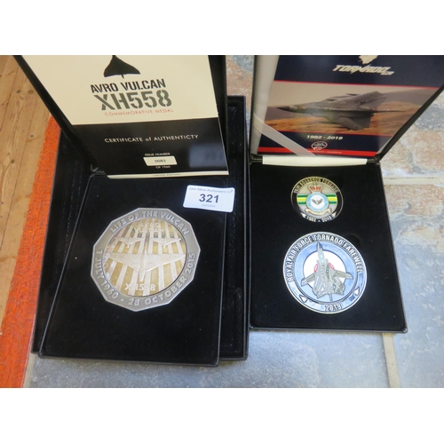 321 - Vulcan Commemorative Boxed Coin and two Tornado Medals