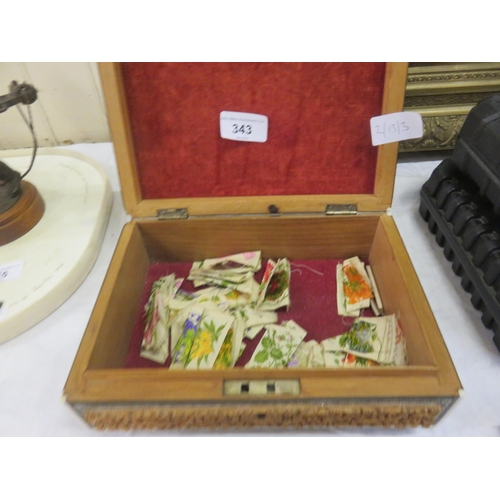 343 - Carved Anglo Indian Box Containing Silk Cigarette Cards