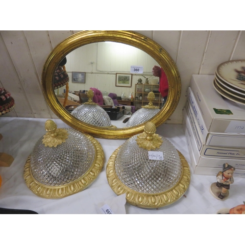 360 - Gold Oval Mirror and a Pair of Gold and Glass Domed Ceiling Lights